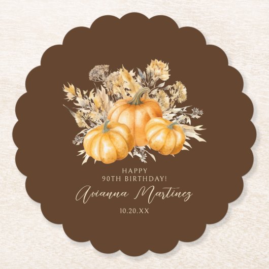 90. Geburtstag Rustic Boho Pumpkin Fall Custom Untersetzer (Vorderseite)