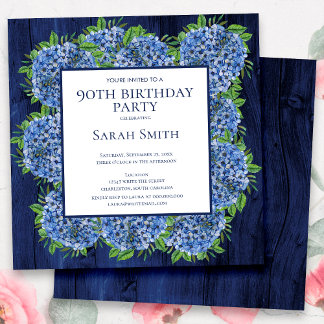 90. Geburtstag Rustic Wood Blue Hydrangeas Party Einladung