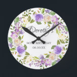 90. Geburtstag Rustikale Lila Blüte Runde Wanduhr<br><div class="desc">Ein Geschenk oder Sake für einen 90. Geburtstag. Lila Rose sind in grünen Blätter eingebettet. Der Name ist in wunderschöner Kalligrafie mit 90. Geburtstag und Datum unten geschrieben.</div>