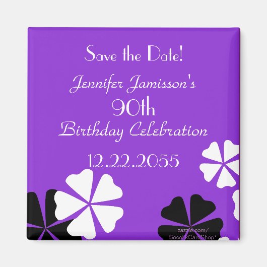 90. Geburtstag Save the Date Lila Blumenmagnet Magnet (Vorne)