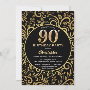 90. Geburtstag Schwarz-Gold-Blütenmuster Einladung