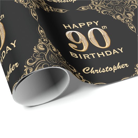 90. Geburtstag Schwarz-Gold-Glitzer-Rahmen Geschenkpapier (Rolleneckpunkt)