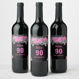 90. Geburtstag schwarz rosa Blüte Weinetikett