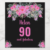 90. Geburtstag schwarz rosa Blüte Weinetikett (Einzelnes Label)