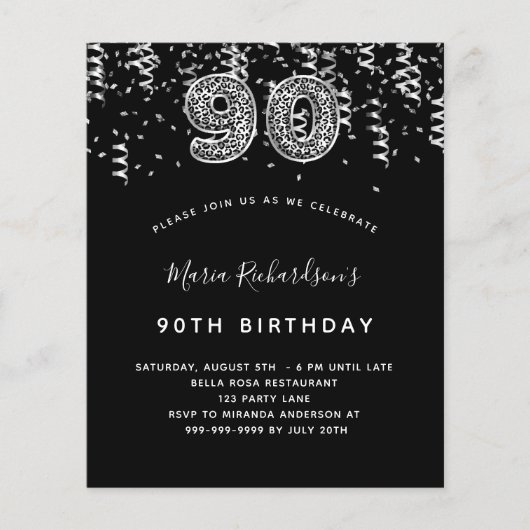 90. Geburtstag schwarz silber Leopard Einladung (Vorderseite)