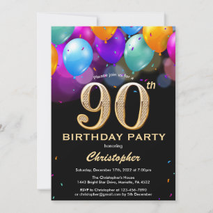 90. Geburtstag Schwarz und Gold farbige Ballons Einladung