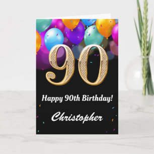 90. Geburtstag Schwarz und Gold farbige Ballons Karte