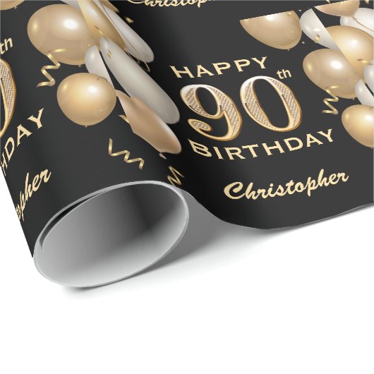 90. Geburtstag Schwarz und Gold Glitzer Ballons Geschenkpapier (Rolleneckpunkt)
