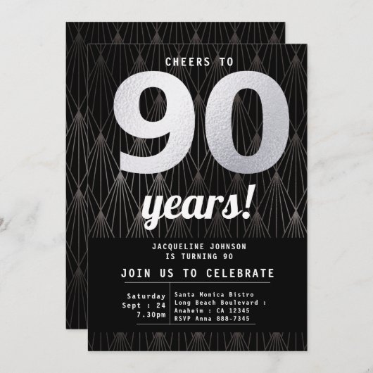 90. Geburtstag schwarz und silber Einladung (Vorne/Hinten)