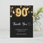 90. Geburtstag schwarze goldene Sterne Dankeskarte (Stehend Vorderseite)