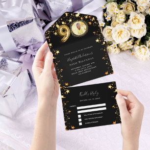 90. Geburtstag schwarze Goldstars Foto uAwg All In One Einladung