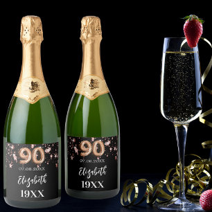 90. Geburtstag schwarze Rose Goldstars Schaumweinetikett