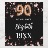 90. Geburtstag schwarze Rose Goldstars Weinetikett (Einzelnes Label)