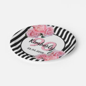 90. Geburtstag schwarze Streifen rosa Blumen Klass Pappteller (Schrägansicht)