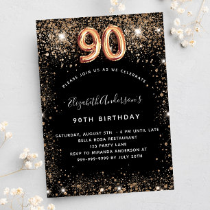 90. Geburtstag Schwarzer Glitzer Glitzern Einladungspostkarte