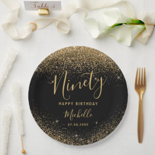 90. Geburtstag Schwarzer Glitzer Glitzern Name Pappteller