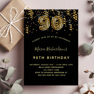 90. Geburtstag schwarzer Goldleopard-Druck Einladungspostkarte