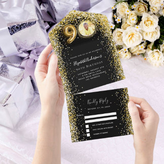 90. Geburtstag schwarzes Foto uAwg All In One Einladung