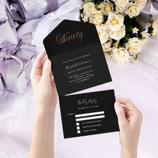 90. Geburtstag Schwarzes Gold Script uAwg All In One Einladung