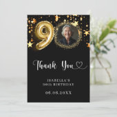 90. Geburtstag Schwarzes Gold Sterne Foto Dankeskarte (Stehend Vorderseite)