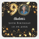 90. Geburtstag Schwarzes Gold Sterne Foto Quadratischer Aufkleber (Vorderseite)