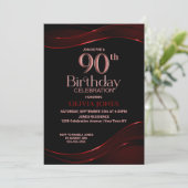 90. Geburtstag Schwarzes Rotes Party Einladung (Stehend Vorderseite)