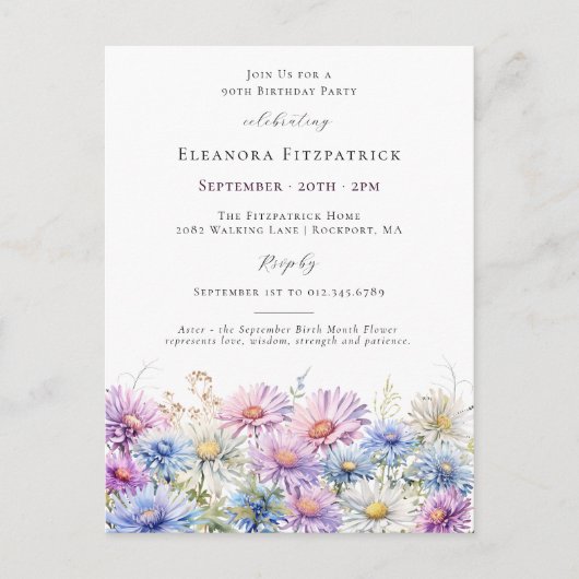 90. Geburtstag September Geburtsmonat Blume Einladungspostkarte (Vorderseite)