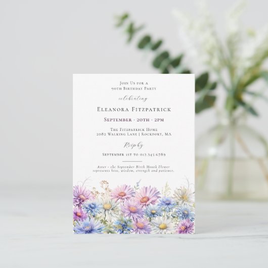 90. Geburtstag September Geburtsmonat Blume Einladungspostkarte (Stehend Vorderseite)