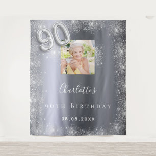 90. Geburtstag silber Foto Glitzer Staub willkomme Wandteppich