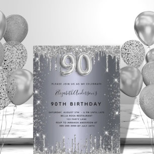 90. Geburtstag Silber-Glitter-Budget-Einladung Flyer