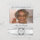 90. Geburtstag - silberne Damast-Foto-Einladung Einladung (Vorne/Hinten)