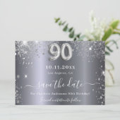 90. Geburtstag silberne Glitzer Glam Save the Date (Stehend Vorderseite)