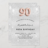 90. Geburtstag silberne Rose Gold Glitzer Einladung (Vorne/Hinten)