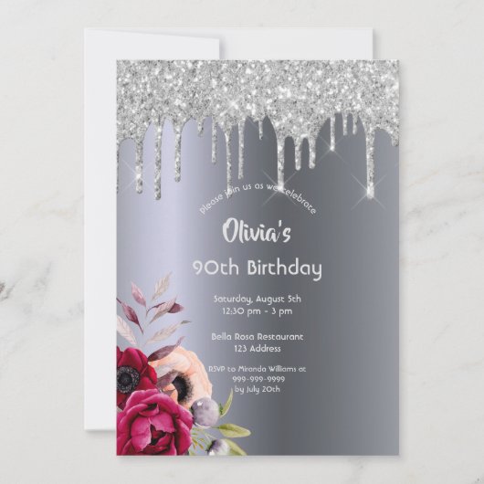 90. Geburtstag Silberner Glitzer Tropfen Bordeaux- Einladung (Vorderseite)