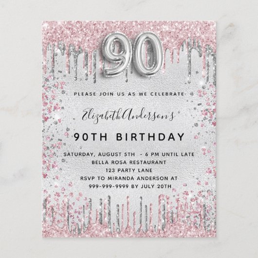 90. Geburtstag Silberrosa Einladung Flyer (Vorne)