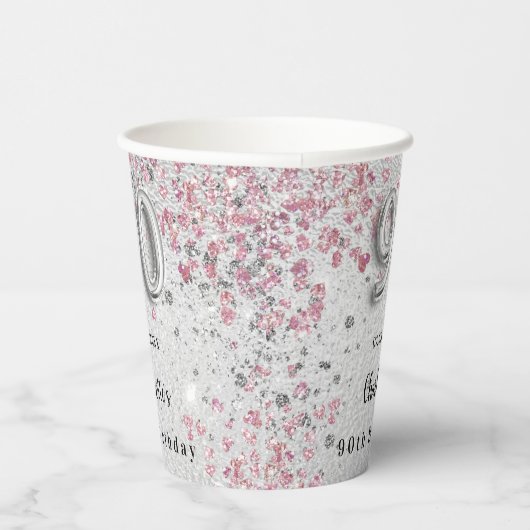 90. Geburtstag Silberrosa Glitzer Pappbecher (Rechts)