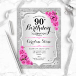 90. Geburtstag - Silberstreifen Rosen Einladung<br><div class="desc">Einladung zum 90. Geburtstag. Elegantes Design in Silber und Rosa. Features Imitate Glitzer silberne Streifen,  rosa Rosen stilvolle Skript-Schriftart und Konfetti. Ideal für eine gläserne Geburtstagsfeier.</div>