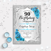 90. Geburtstag - Silver Stripes Icy Blue Rose Einladung