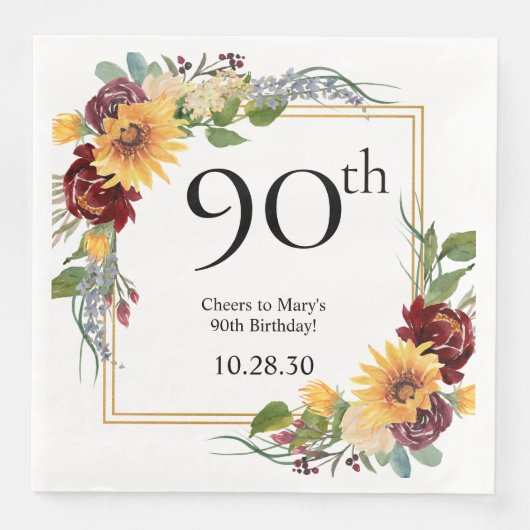 90. Geburtstag Sonnenblumen Serviette (Vorderseite)