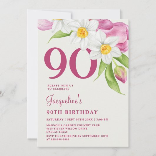 90. Geburtstag Stilvoll Elegant Modernes Blumenros Einladung (Vorderseite)