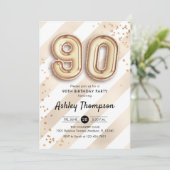90. Geburtstag - Streifen Gold Balloons Einladung (Stehend Vorderseite)