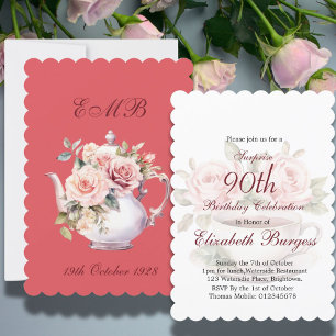 90. Geburtstag Tee Party Rosa Blumenkohl Rose Gebu Einladung