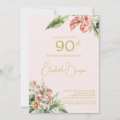 90. Geburtstag Tropisches Wasserfarbenrosa Elegant Einladung (Vorderseite)
