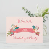 90. Geburtstag Vintagen Blume Rosa Banner Einladung (Stehend Vorderseite)