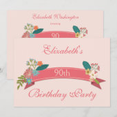 90. Geburtstag Vintagen Blume Rosa Banner Einladung (Vorne/Hinten)