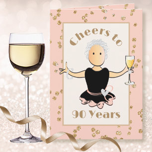 90. Geburtstag weiblich Cartoon Glanz Champagner Karte
