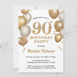 90. Geburtstag Weißer und Gold Glitzer Balloons Einladung