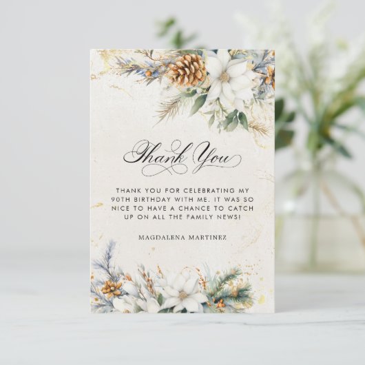 90. Geburtstag Winter Weiße Blumengrün Dankeskarte (Stehend Vorderseite)
