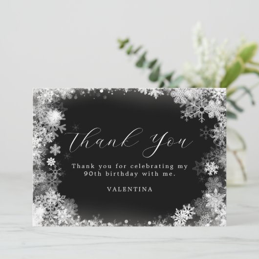 90. Geburtstag Winterwonderland Schneeflocke Dankeskarte (Stehend Vorderseite)