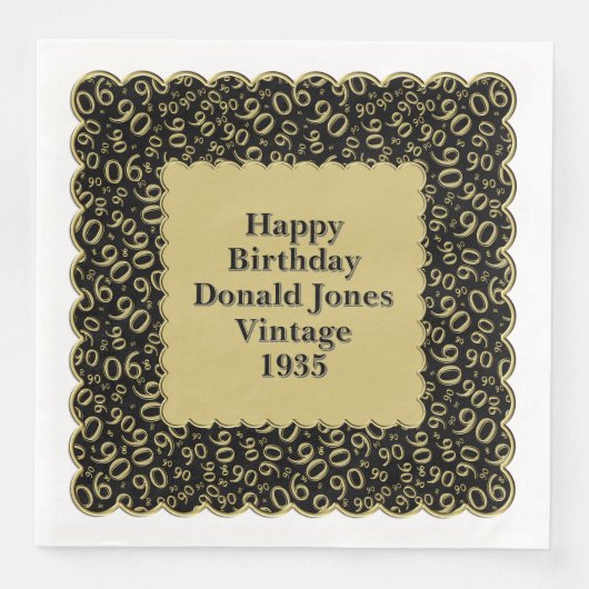 90. Geburtstag Zahlenmuster Scallops Schwarz/Gold Serviette (Vorderseite)